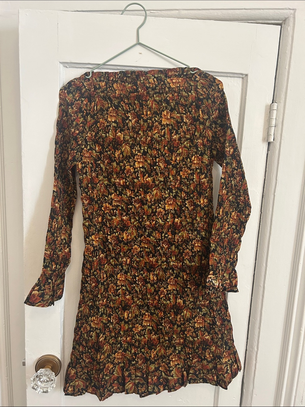 Doen Smocked Floral Mini Dress - Black with Rust & Mustard